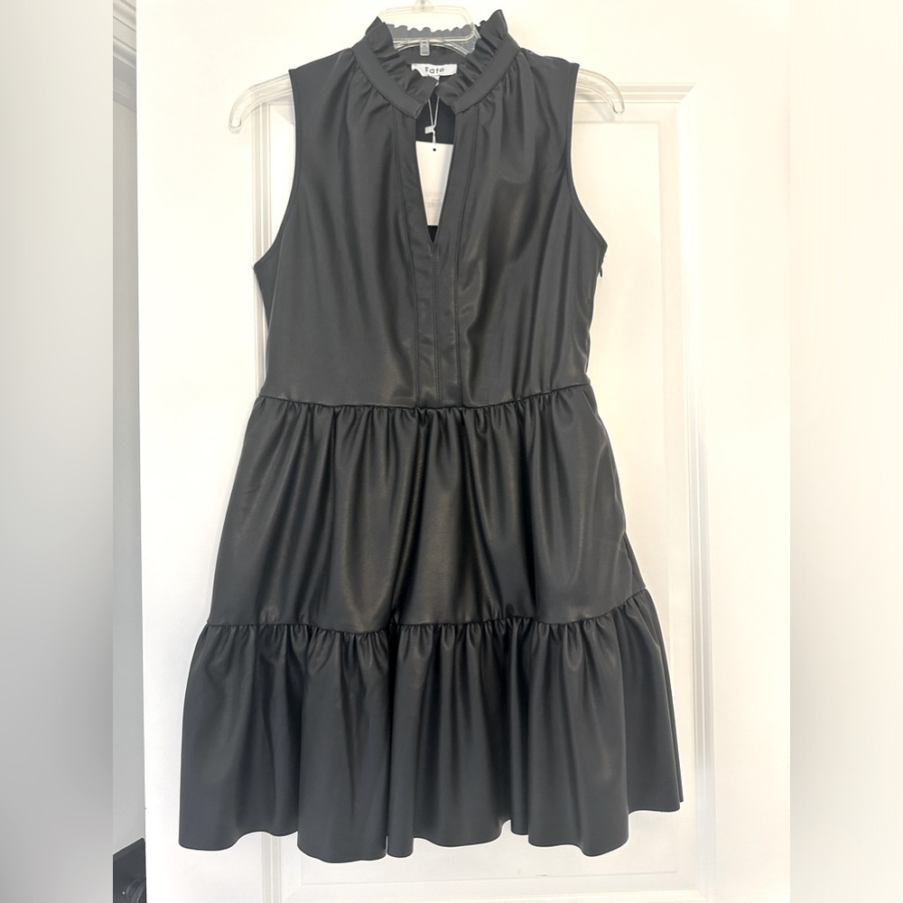 Vegan leather tiered mini dress